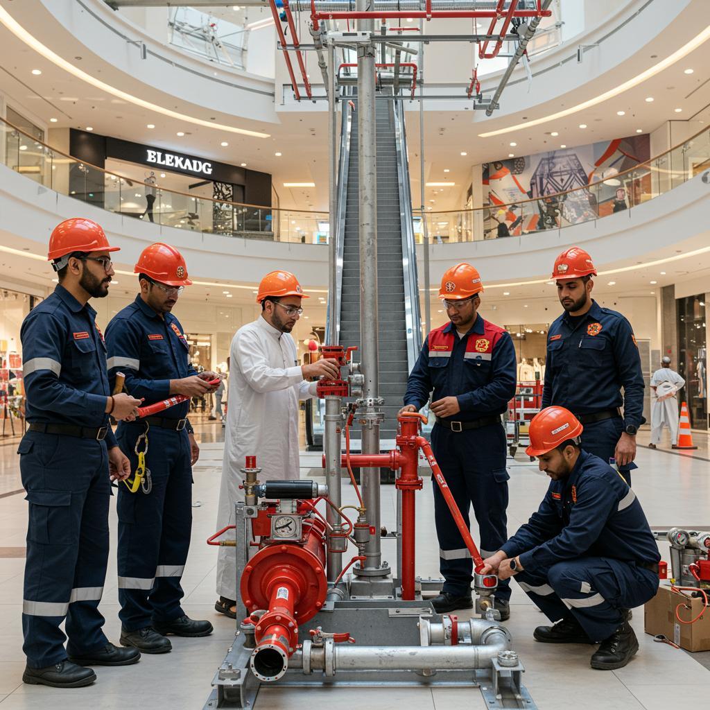 ### Key Elements**Main Subjects**  A group of six individuals, including five in blue work uniforms and helmets, and one in traditional white attire.**Objects**  A fire safety demonstration setup featuring hoses, pumps, and a tall vertical structure.**Notable Features**  The individuals are engaged in a collaborative task, with tools and equipment indicative of fire safety training.**Text/Symbols**  Presence of safety helmets and work uniforms suggests a professional and safety-oriented environment.### Overall Mood/Theme  The image conveys a sense of teamwork and professionalism in a safety training context, highlighting the importance of fire safety awareness in public spaces.