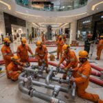 ### Key Elements#### Main Subjects- Firefighters in orange uniforms- Emergency response team members#### Objects- Large pipes and valves- Fire hoses spread across the floor- Tools and equipment for assembly#### Notable Features- Modern shopping mall setting- Open space with high ceilings- Retail store displays in the background#### Text or Symbols- Safety helmets with identification- Uniforms with logos### Overall Mood/ThemeThe image conveys a sense of urgency and teamwork in a professional emergency response scenario. The setting contrasts the typical calm of a shopping mall with the active, organized effort of the firefighters, highlighting preparedness and safety in public spaces.
