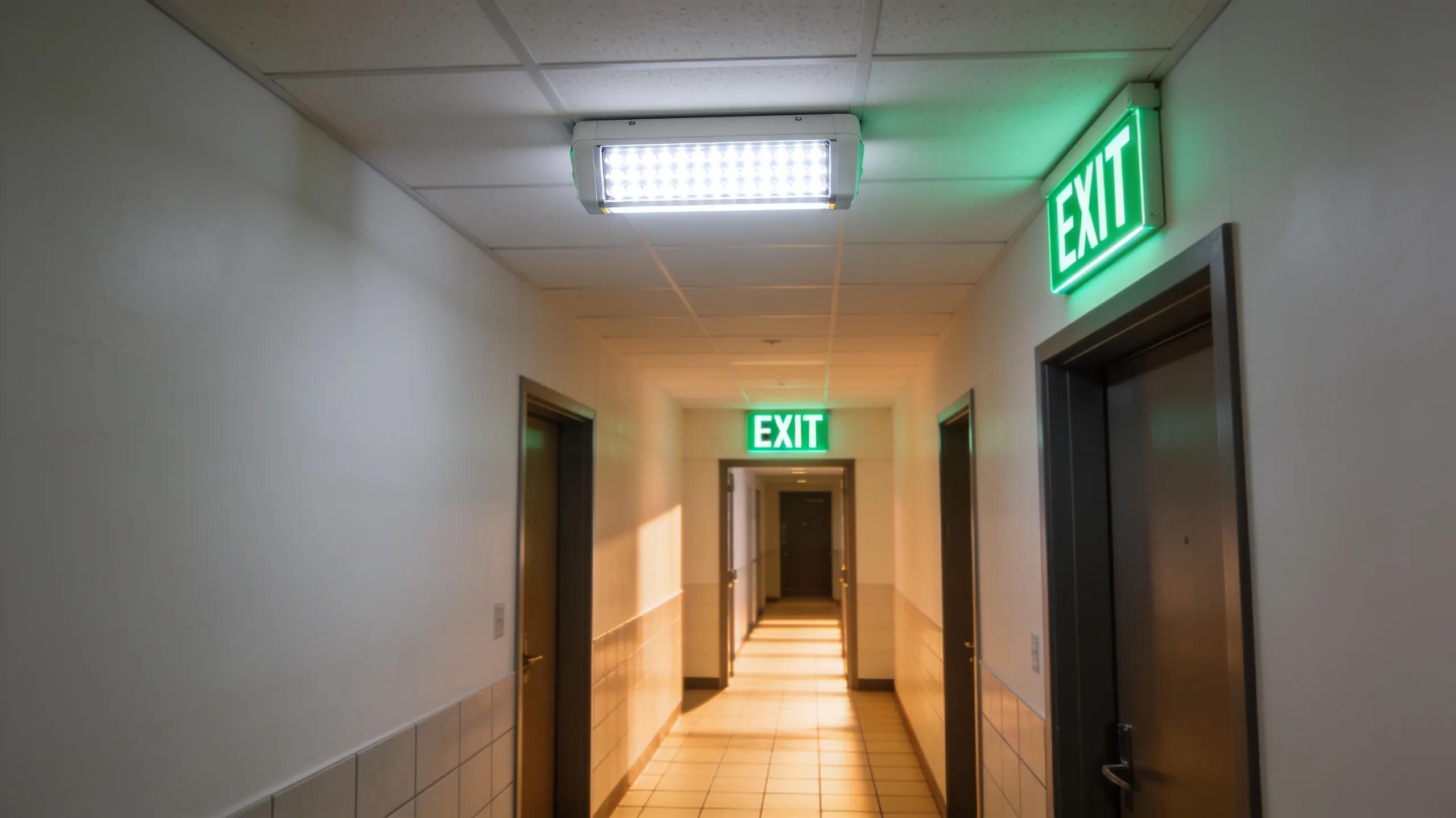 Emergency lighting systems prominently displayed in a commercial building to enhance safety and compliance.