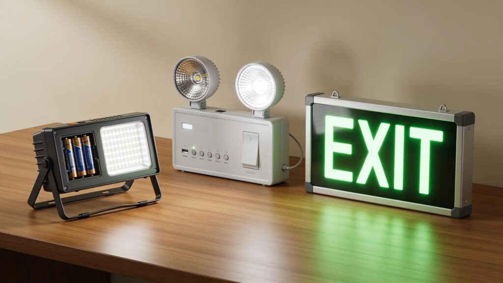 Display of various emergency lighting solutions including battery-operated, LED, and photoluminescent types.