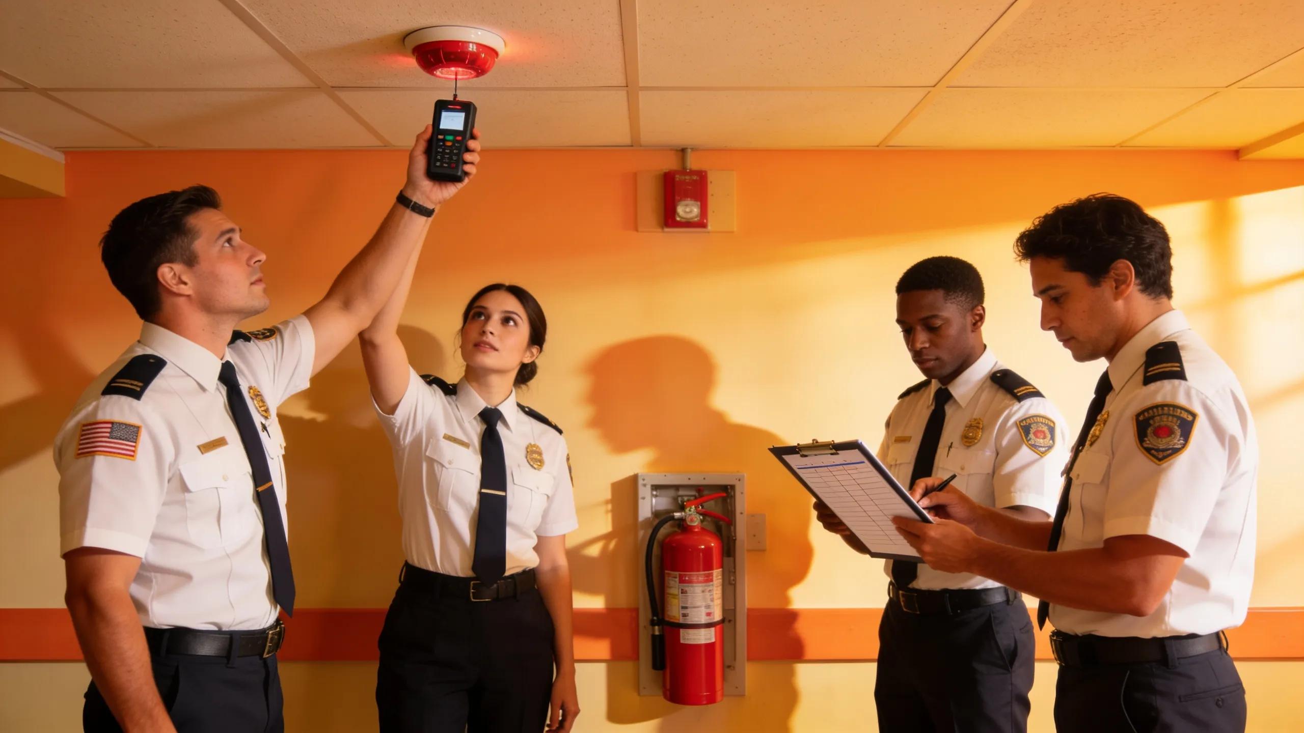 Fire safety inspectors evaluating fire safety systems to ensure compliance and safety