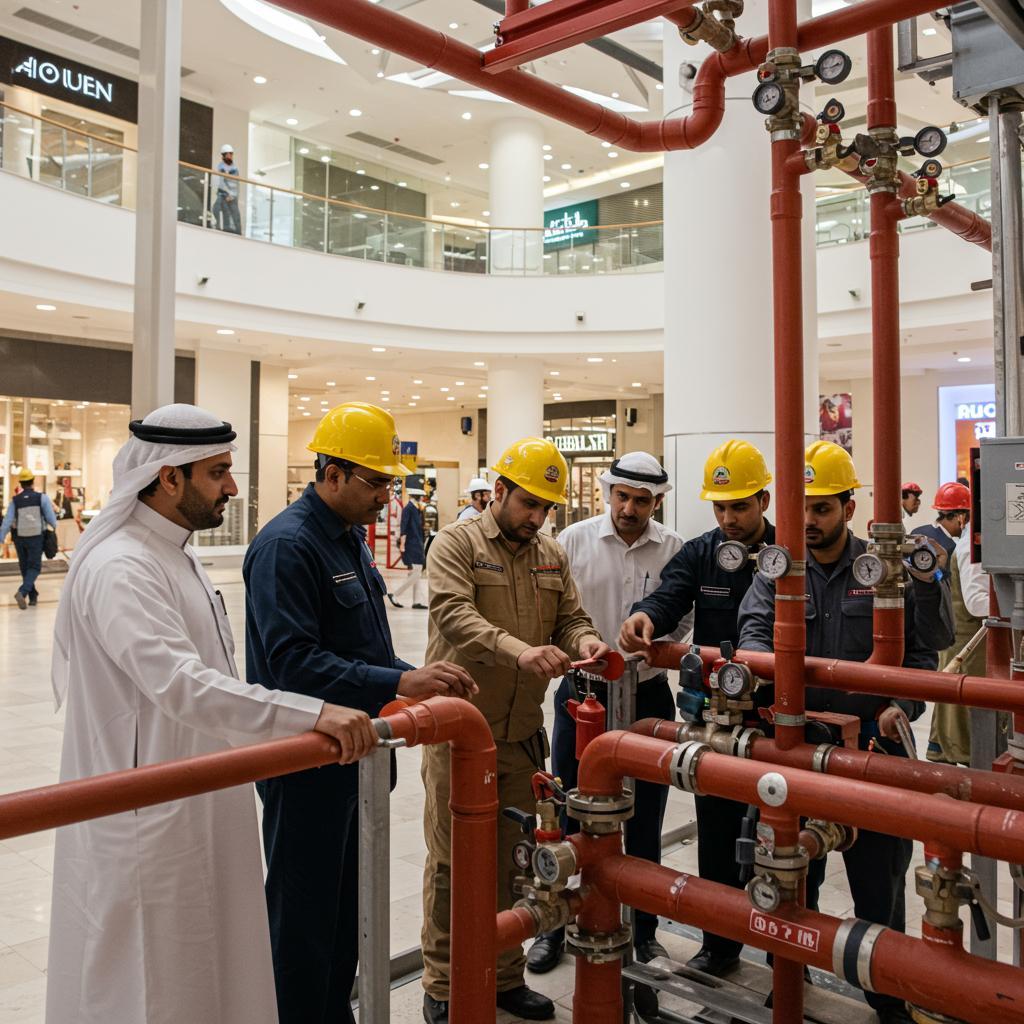 ### Key Elements

- **Main Subjects**: Group of six men, including workers in safety helmets and traditional attire.
- **Objects**: Red piping system with valves and a control panel.
- **Notable Features**: Modern shopping mall setting, visible upper levels and shops in the background.
- **Text/Symbols**: None visible in the image.
- **Overall Mood/Theme**: Collaborative and focused atmosphere, emphasizing teamwork and safety in a technical environment.