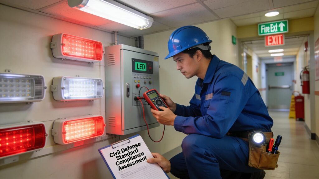 Technician inspecting emergency lighting systems for compliance with civil defense standards.