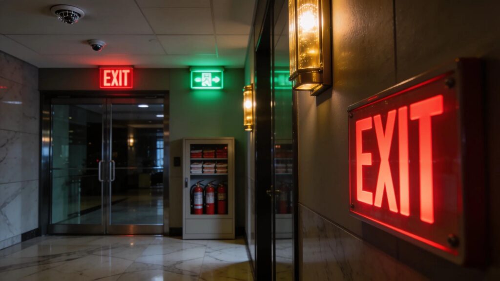 Representation of fire safety compliance with illuminated emergency lights in a commercial property setting