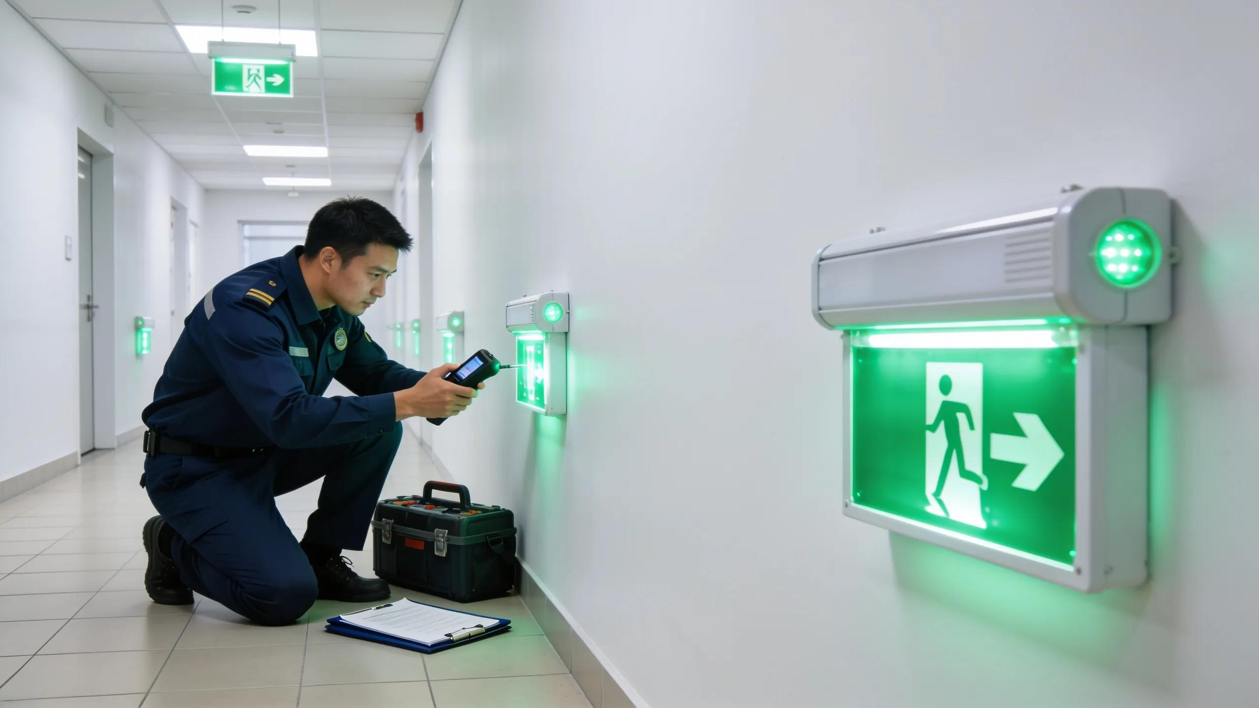 Emergency lighting system inspection in a commercial building showcasing compliance and safety standards