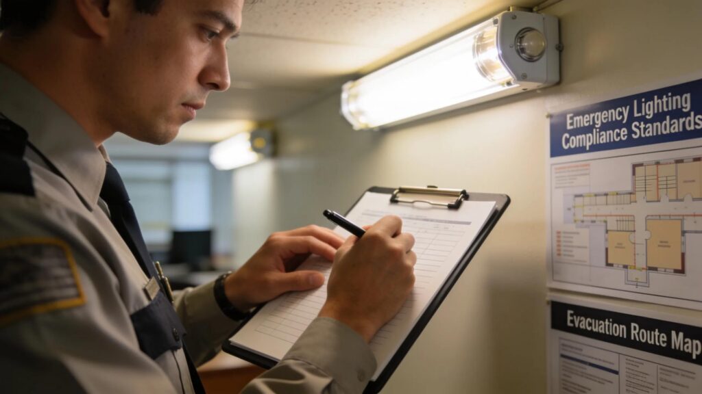 Certified inspector documenting compliance results during an emergency lighting inspection procedure